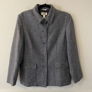 VTG Talbots Tweed Herringbone Wool Silk Blazer Blue 12 Petite Buttoned Jacket